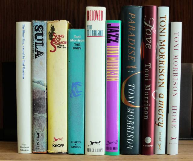 view of the spines of Toni Morrison's novels