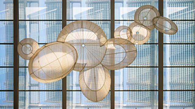 Mobile sculpture of eight interlocking circles in the Frick Chemistry Lab atrium