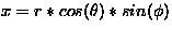 $x=r*cos(\theta )*sin(\phi )$