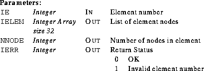 \begin{parameters}
\param{IE}{Integer}{In}{Element number}
\param{IELEM}{Integer...
 ...bular}
{ll}
0 & OK\\ 1 & Invalid element number\\ \end{tabular}}\end{parameters}