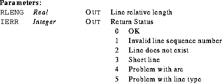 \begin{parameters}
\param{RLENG}{Real}{Out}{Line relative length}
\param{IERR}{I...
 ...& Problem with arc\\ 5 & Problem with line type\\ \end{tabular}}\end{parameters}