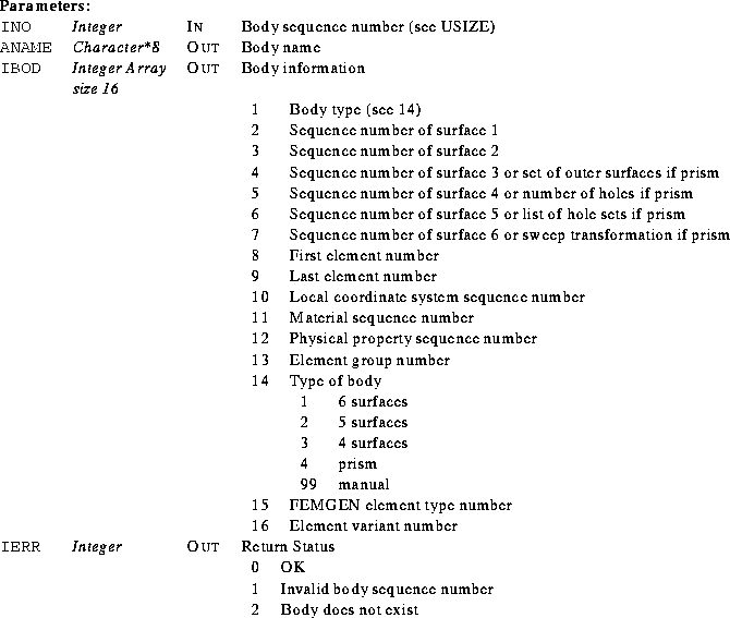 \begin{parameters}
\param{INO}{Integer}{In}{Body sequence number (see USIZE)}
\p...
 ... body sequence number\\ 2 & Body does not exist\\ \end{tabular}}\end{parameters}