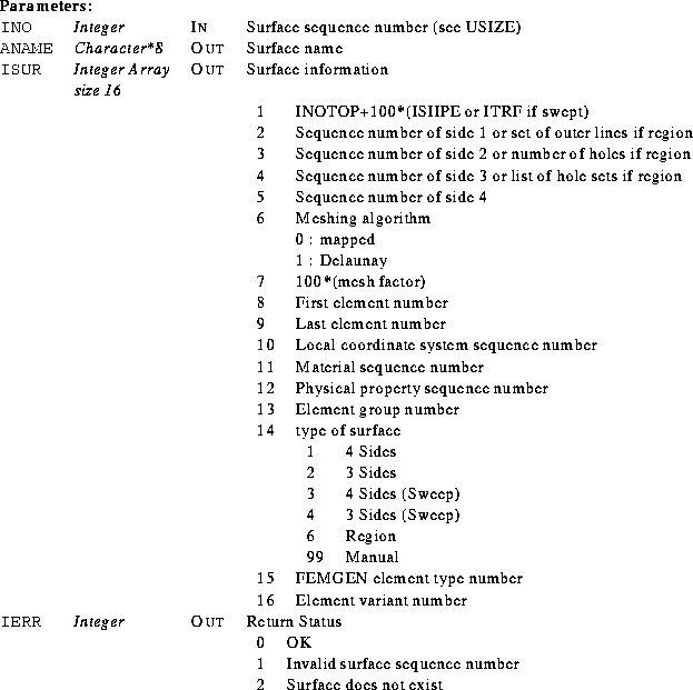 \begin{parameters}
\param{INO}{Integer}{In}{Surface sequence number (see USIZE)}...
 ...ce sequence number\\ 2 & Surface does not exist\\ \end{tabular}}\end{parameters}