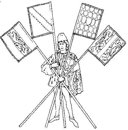 [Here is shown
the herald who holds the four banners of the four judges.]