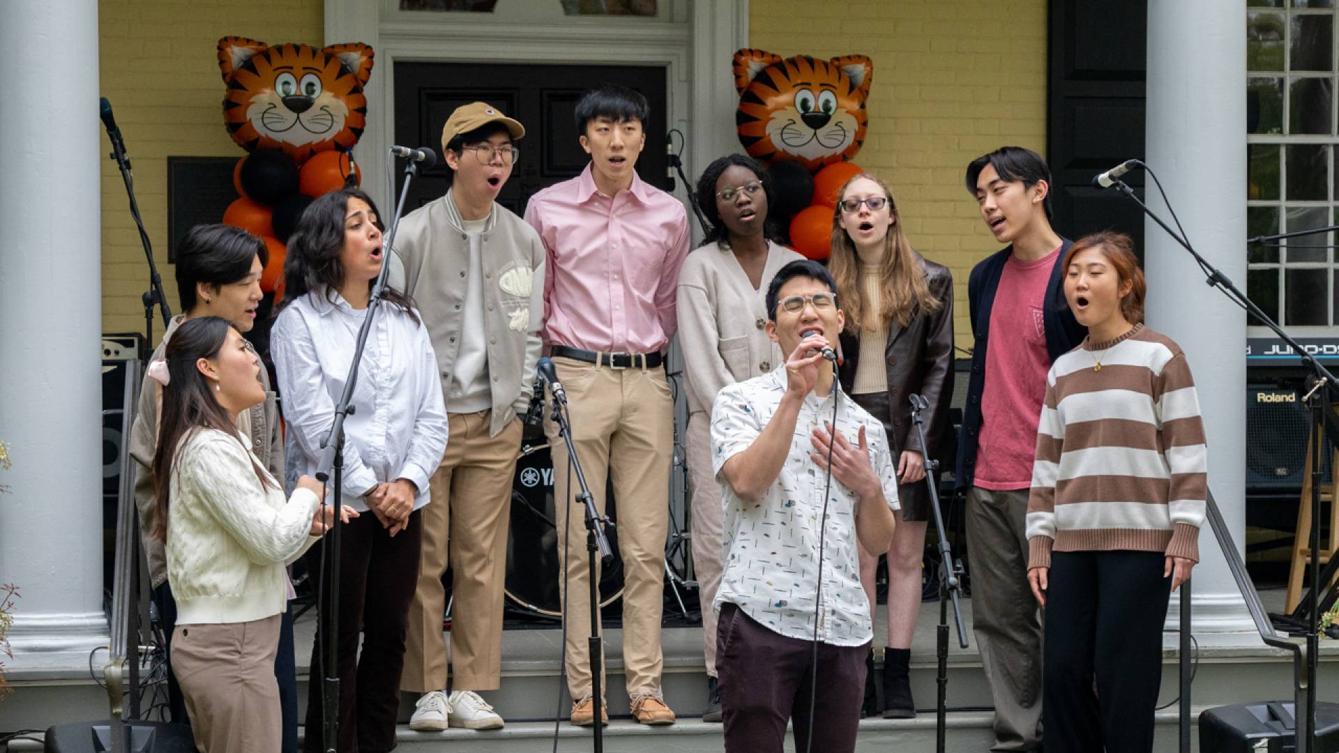 A cappella group performing on stairs