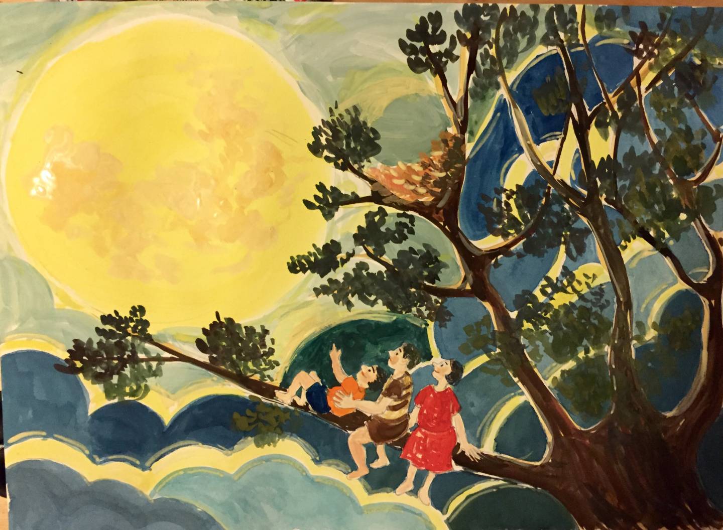 A watercolor painting showing father, mother and son on a tree branch